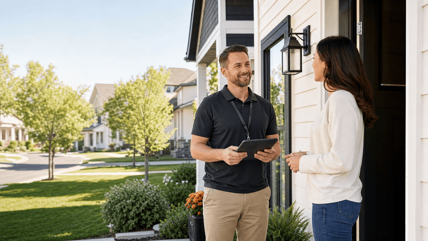 A homeowner speaking with a home-service professional at her front door